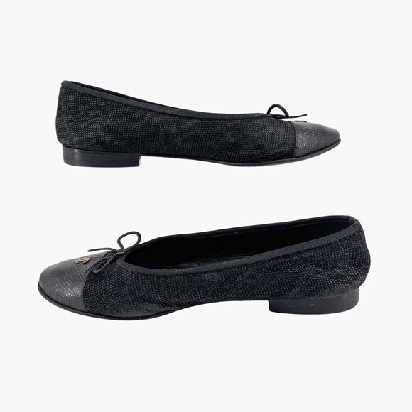 Chanel CC Cap Toe Ballet Flats Black & Gold Textured Shoes Size 38.5 US 7.5-8 - Picture 10 of 14